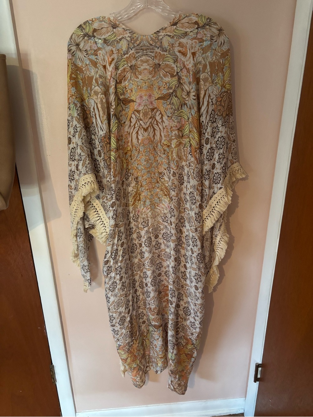 Women's Floral with Crochet Fringe and Angel Sleeves Duster Kimono Coverup OS - Picture 8 of 9